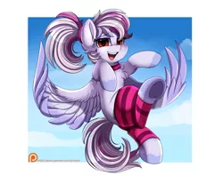 Size: 3215x2540 | Tagged: safe, artist:pridark, derpibooru import, oc, oc:windbreaker, unofficial characters only, pegasus, pony, choker, cloud, female, flying, leg warmers, looking at you, mare, open mouth, patreon, patreon logo, patreon reward, ponytail, red eyes, solo