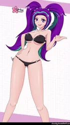 Size: 561x1000 | Tagged: suggestive, alternate version, artist:clouddg, derpibooru import, aria blaze, equestria girls, rainbow rocks, beckoning, belly button, black underwear, bra, breasts, busty aria blaze, cleavage, clothes, female, human coloration, legs, looking at you, panties, pigtails, sexy, signature, smiling, solo, solo female, stupid sexy aria blaze, thighs, twintails, underass, underboob, underwear