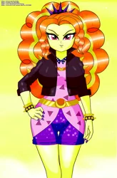 Size: 656x1000 | Tagged: safe, artist:chuyryu, derpibooru import, adagio dazzle, equestria girls, equestria girls series, find the magic, sunset's backstage pass!, spoiler:eqg series (season 2), bracelet, clothes, headband, jacket, jewelry, leather jacket, looking at you, nail polish, shorts, simple background, spiked headband, spiked wristband, wristband, yellow background
