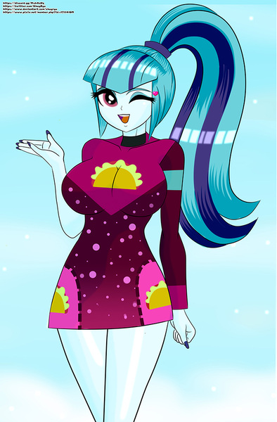 Size: 657x1000 | Tagged: safe, artist:chuyryu, derpibooru import, sonata dusk, equestria girls, equestria girls series, find the magic, spoiler:eqg series (season 2), big breasts, breasts, busty sonata dusk, clothes, dress, female, huge breasts, minidress, nail polish, ponytail, simple background, smiling, solo, taco dress