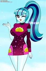 Size: 657x1000 | Tagged: safe, artist:chuyryu, derpibooru import, sonata dusk, equestria girls, equestria girls series, find the magic, spoiler:eqg series (season 2), big breasts, breasts, busty sonata dusk, clothes, dress, female, huge breasts, minidress, nail polish, ponytail, simple background, smiling, solo, taco dress