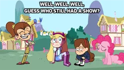 Size: 1024x576 | Tagged: safe, derpibooru import, edit, edited screencap, screencap, pinkie pie, earth pony, human, pony, background pony strikes again, crossover, end of ponies, engrish, gravity falls, luan loud, luan loud bullies her counterparts, mabel pines, spoilers for another series, star butterfly, star vs the forces of evil, the loud house