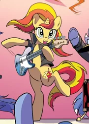 Size: 360x496 | Tagged: safe, derpibooru import, idw, blue beats, sunset shimmer, pony, unicorn, spoiler:comic, spoiler:comic79, clothes, cropped, female, guitar, hooves, jacket, mare, musical instrument, raised hoof, raised leg, solo focus, sunset shredder