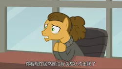 Size: 1606x914 | Tagged: safe, derpibooru import, screencap, cheese sandwich, earth pony, pony, the last laugh, chinese text, clothes, crying, hair tie, office, sad, solo, sweater, turtleneck