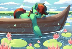 Size: 1024x703 | Tagged: safe, artist:peachmayflower, derpibooru import, oc, oc:forest farseer, unofficial characters only, earth pony, pony, boat, commission, lilypad, solo, ych result