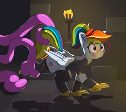 Size: 4446x3957 | Tagged: suggestive, artist:pabbley, derpibooru import, rainbow dash, pegasus, pony, alternate hairstyle, blushing, boots, claws, clothes, dungeon, female, hoof blades, i've seen enough hentai to know where this is going, imminent sex, mare, metal claws, shoes, socks, solo, surprised, tentacles