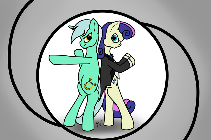 Size: 3000x2000 | Tagged: safe, artist:tunrae, derpibooru import, bon bon, lyra heartstrings, sweetie drops, earth pony, pony, unicorn, atg 2019, back to back, background pony, bon bond, bowtie, clothes, crossover, duo, female, james bond, lesbian, lyrabon, mare, newbie artist training grounds, rifling, secret agent sweetie drops, shipping, simple background, standing, tuxedo