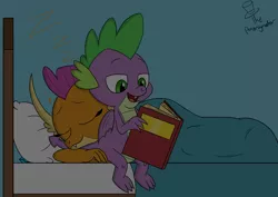 Size: 3035x2150 | Tagged: safe, artist:noidavaliable, derpibooru import, smolder, spike, dragon, bed, book, cute, female, hug, male, shipping, smolderbetes, spikabetes, spolder, straight, tail hug, winged spike