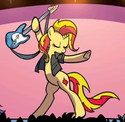 Size: 519x504 | Tagged: safe, artist:pencils, derpibooru import, idw, sunset shimmer, pony, unicorn, spoiler:comic, spoiler:comic79, bipedal, eyes closed, female, guitar, hoof hold, mare, musical instrument, raised hoof, solo, sunset shredder, underhoof