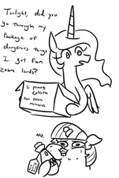 Size: 475x705 | Tagged: safe, artist:jargon scott, derpibooru import, princess celestia, twilight sparkle, alicorn, pony, unicorn, 2 panel comic, allergic reaction, allergies, black and white, blatant lies, bone hurting juice, box, comic, dialogue, duo, female, grayscale, hoof hold, horn, lineart, mare, monochrome, pony hurting juice, simple background, swollen, swollen horn, teary eyes, too dumb to live, twiggie, unicorn twilight, white background