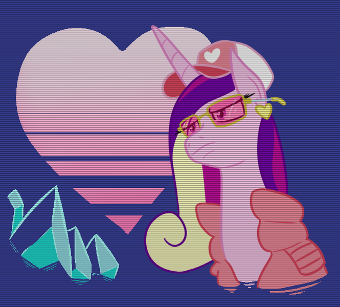 Size: 684x617 | Tagged: safe, artist:jargon scott, derpibooru import, princess cadance, alicorn, pony, abstract background, baseball cap, bust, cap, clothes, ear piercing, earring, female, hat, heart, jacket, jewelry, mare, piercing, scan lines, solo, sunglasses, vaporwave