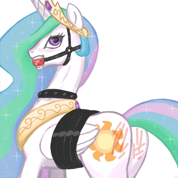 Size: 1440x1440 | Tagged: questionable, artist:johnjoseco, color edit, derpibooru import, edit, princess celestia, alicorn, pony, ask gaming princess luna, ballgag, bondage, bound wings, butt, collar, colored, drool, drool string, female, femsub, gag, happy, kinky, plot, solo, spank mark, sublestia, submissive, tied up, wings