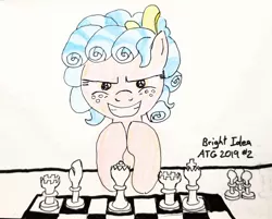Size: 1626x1309 | Tagged: safe, artist:a-bright-idea, derpibooru import, cozy glow, pony, atg 2019, chess, gendo pose, grin, newbie artist training grounds, pure concentrated unfiltered evil of the utmost potency, pure unfiltered evil, smiling, solo, traditional art