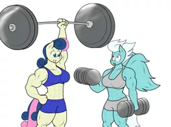 Size: 1512x1120 | Tagged: abs, anthro, armpits, artist:matchstickman, barbell, bon bombastic, bon bon, breasts, clothes, commission, derpibooru import, dumbbells, fleetflex, fleetfoot, grin, midriff, muscles, safe, simple background, smiling, sports bra, sweetie drops, weight lifting, weights, workout, workout outfit