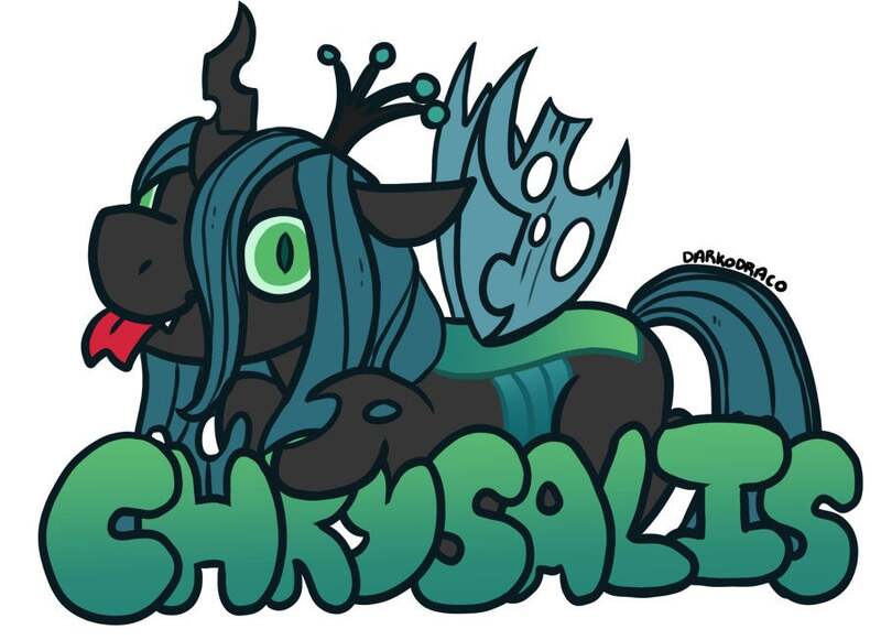 Size: 900x654 | Tagged: safe, artist:darkodraco, derpibooru import, queen chrysalis, changeling, changeling queen, badge, derp, female, floppy ears, simple background, slit eyes, smiling, solo, spread wings, tongue out, white background, wings