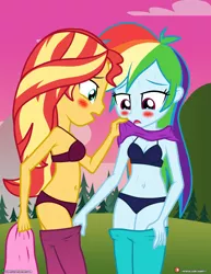 Size: 1500x1942 | Tagged: suggestive, artist:dieart77, derpibooru import, rainbow dash, sunset shimmer, equestria girls, equestria girls series, wake up!, spoiler:choose your own ending (season 2), spoiler:eqg series (season 2), assisted exposure, belly button, blushing, bra, breasts, cleavage, clothes, female, lesbian, panties, shipping, sunsetdash, sweat, underwear, undressing, wake up!: rainbow dash