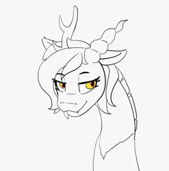 Size: 1961x1984 | Tagged: artist:pabbley, derpibooru import, discord, draconequus, eris, fangs, floppy ears, lidded eyes, lineart, monochrome, neo noir, partial color, rule 63, safe, simple background, sketch, smiling, solo, white background