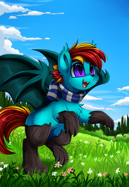 Size: 2343x3395 | Tagged: safe, artist:pridark, derpibooru import, oc, oc:pool shade, unofficial characters only, bat pony, hengstwolf, hybrid, original species, pony, timber pony, timber wolf, werewolf, bat pony oc, bat wings, clothes, commission, cute, grass, grass field, high res, open mouth, scarf, scenery, solo, species swap, wings