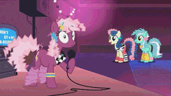 Size: 631x356 | Tagged: safe, artist:mysteryben, derpibooru import, bon bon, cheerilee, lyra heartstrings, sweetie drops, pony, ponies: the anthology 3, 80's fashion, 80s, 80s cheerilee, 80s hair, animated, bobbing, curly hair, don't start un-believing, don't stop believing, double dipper, faceplant, gif, gravity falls, journey (band), karaoke, leg warmers, song reference, youtube link, zebra stripes