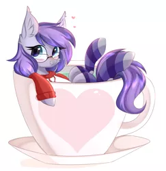 Size: 2763x2838 | Tagged: safe, artist:pesty_skillengton, derpibooru import, oc, oc:andromeda galaktika, unofficial characters only, bat pony, pony, bat pony oc, bat wings, blushing, cheek fluff, clothes, cup, cup of pony, cute, cute little fangs, ear fluff, ear tufts, fangs, female, food, glasses, heart, hoodie, looking at you, mare, micro, socks, solo, striped socks, tea, wings