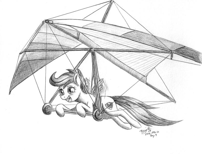 Size: 2800x2128 | Tagged: safe, artist:benjik, artist:benjik_, derpibooru import, scootaloo, pegasus, pony, atg 2019, crying, female, filly, hang gliding, monochrome, newbie artist training grounds, simple background, solo, tears of joy, traditional art, white background