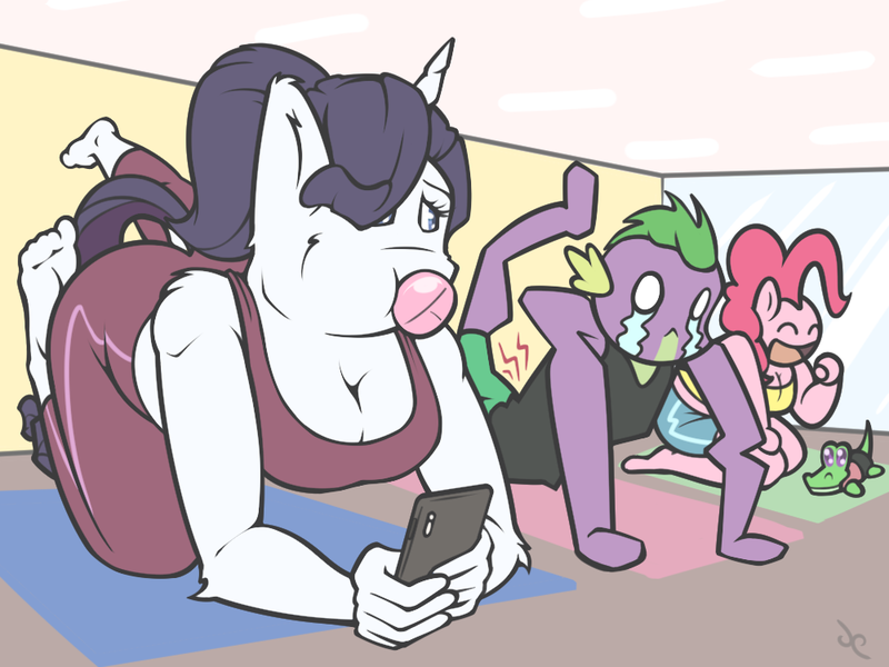 Size: 1000x750 | Tagged: safe, artist:doggonepony, derpibooru import, gummy, pinkie pie, rarity, spike, anthro, plantigrade anthro, barefoot, break, breasts, bubblegum, busty pinkie pie, busty rarity, crying, feet, female, food, gum, male, mobile phone, phone, shipping, smartphone, sparity, straight, yoga