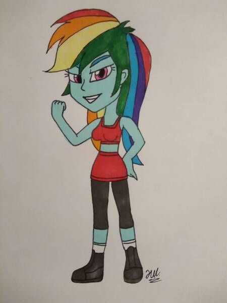 Size: 780x1040 | Tagged: safe, artist:hiroultimate, derpibooru import, rainbow dash, equestria girls, clothes, leggings, shoes, shorts, socks, solo, sports bra, traditional art