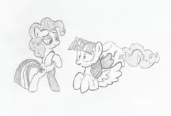 Size: 1931x1316 | Tagged: safe, artist:thekman100, derpibooru import, pinkie pie, twilight sparkle, twilight sparkle (alicorn), alicorn, pony, crossed hooves, half, modular, partial body swap, pencil drawing, revision, smug, spread wings, standing, surprised, traditional art, wat, wings