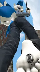 Size: 720x1280 | Tagged: 3d, anthro, artist:scalelover, ass, barefoot, butt, car, city, clothes, crush fetish, derpibooru import, feet, female, fetish, giantess, macro, oc, oc:striker blue, pants, plantigrade anthro, police officer, solo, source filmmaker, suggestive, vehicle, walkie talkie