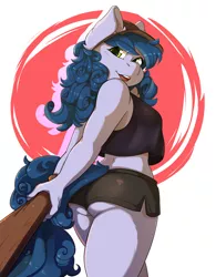 Size: 1536x1966 | Tagged: anthro, anthro oc, artist:hakkids2, ass, baseball bat, baseball cap, butt, cap, clothes, derpibooru import, female, hat, looking back, midriff, oc, oc:starry, oc:starry night, open mouth, safe, shorts, solo, unofficial characters only