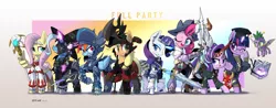 Size: 3150x1240 | Tagged: safe, artist:satv12, derpibooru import, applejack, fluttershy, pinkie pie, rainbow dash, rarity, spike, starlight glimmer, trixie, twilight sparkle, twilight sparkle (alicorn), alicorn, dragon, earth pony, pegasus, pony, unicorn, armor, axe, bard, bard pie, battle axe, bipedal, black mage, dragoon, eyepatch, fantasy class, female, final fantasy, final fantasy xiv, glasses, knight, lance, magic wand, male, mane seven, mane six, mare, paladin, scholar, summoner, sword, tongue out, warrior, weapon, white mage, wing hands, winged spike, wings