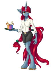 Size: 1668x2224 | Tagged: safe, artist:coldtrail, derpibooru import, oc, oc:talayeh, anthro, unicorn, cocktail, female, freckles, simple background, solo, transparent background, tray, unshorn fetlocks