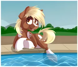 Size: 3000x2581 | Tagged: safe, artist:tehshockwave, derpibooru import, oc, unofficial characters only, earth pony, pony, looking at you, male, smiling, solo, stallion, swimming pool