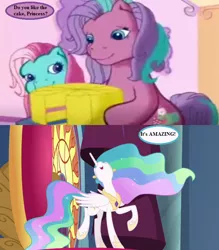 Size: 672x768 | Tagged: cake, cropped, cute, cutelestia, derpibooru import, dialogue, edit, edited screencap, excited, food, g3, g3 to g4, generation leap, horse play, minty, peytral, princess celestia, safe, screencap, speech bubble, sweetberry, that princess sure does love cake, the runaway rainbow