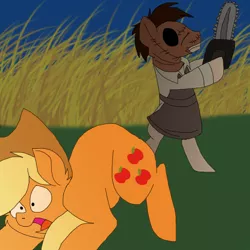 Size: 600x600 | Tagged: semi-grimdark, artist:zee-stitch, derpibooru import, applejack, ponified, pony, bipedal, chainsaw, clothes, grass, hay, leatherface, night, the texas chainsaw massacre