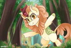 Size: 2800x1907 | Tagged: applejack, artist:rivin177, autumn blaze, awwtumn blaze, belly button, bipedal, cloven hooves, crepuscular rays, cute, derpibooru import, female, forest, hooves out, kirin, looking at you, mare, outdoors, safe, smiling, solo, three quarter view