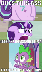 Size: 634x1072 | Tagged: angry, box, butt, caption, comic, comic:starlight's arctic adventure, derpibooru import, discovery family logo, dragon, edit, edited screencap, editor:undeadponysoldier, exploitable meme, female, flank, glimmer glutes, image macro, looking at you, male, meme, non-animated gif, open mouth, plot, quiet, reference, screencap, screencap comic, shipping, sparlight, spike, starlight glimmer, straight, suggestive, talking to viewer, text, the cutie map, the point of no return, twilight's arctic adventure, vein bulge, vulgar, waterfall, winged spike, yelling