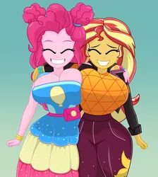 Size: 1700x1900 | Tagged: safe, artist:mashoart, derpibooru import, pinkie pie, sunset shimmer, equestria girls, equestria girls series, sunset's backstage pass!, spoiler:eqg series (season 2), big breasts, boob squish, breast squish, breasts, busty pinkie pie, busty sunset shimmer, clothes, cute, diapinkes, eyes closed, female, friendship, grin, happy, huge breasts, music festival outfit, shimmerbetes, smiling, wide hips