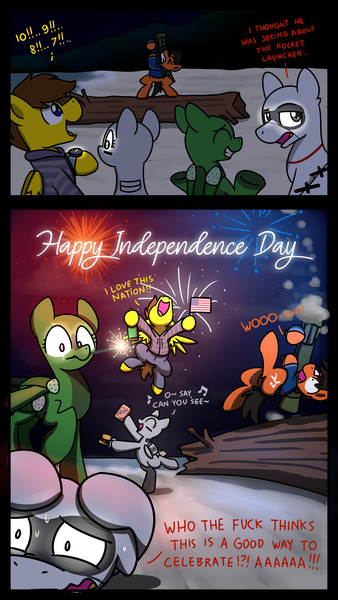 Size: 2160x3840 | Tagged: safe, artist:sugar morning, derpibooru import, oc, oc:blu skies, oc:chaser, oc:red sands, oc:seasprite, oc:sierra summit, unofficial characters only, original species, plane pony, pony, 2 panel comic, 4th of july, a-10 thunderbolt ii, alcohol, american flag, american independence day, beach, burger, carl gustav m3 maaws, celebrating, celebration, cheering, clothes, clumsy, comic, commission, countdown, driftwood, eye scar, falling, fear, fireworks, food, helicopter, helipony, holiday, hoodie, independence day, jeans, liquor, mi-24, moxie soda, p-3 orion, panic, panicking, pants, patriot, patriotic, patriotism, plane, recoilless rifle, scar, scared, screaming, singing, soda, soda can, sparkler (firework), star spangled banner, united states, vulgar, watch, whiskey