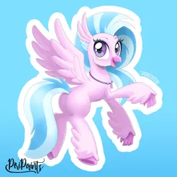 Size: 900x900 | Tagged: artist:piripaints, butt, classical hippogriff, cute, derpibooru import, diastreamies, female, flying, happy, hippogriff, jewelry, looking at you, necklace, plot, safe, silverstream, simple background, smiling, solo, streambutt, watermark