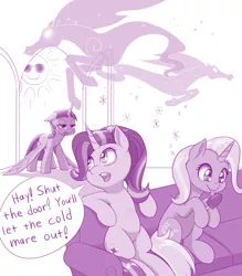 Size: 1280x1463 | Tagged: safe, artist:dstears, derpibooru import, starlight glimmer, trixie, twilight sparkle, twilight sparkle (alicorn), alicorn, pony, unicorn, windigo, atg 2019, female, food, newbie artist training grounds, popsicle, pun, smiling