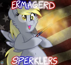 Size: 1378x1259 | Tagged: safe, artist:rainbow eevee, derpibooru import, derpy hooves, pegasus, pony, 4th of july, :3, american flag, american independence day, celebration, cute, derpabetes, dialogue, engrish in the description, ermahgerd, female, flag, holiday, independence day, mare, open mouth, simple background, solo, sparkler (firework), spread wings, text, united states, wings