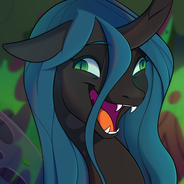 Size: 1500x1500 | Tagged: artist:alkatoster, artist:nyx, changeling, changeling queen, collaboration, crazylis, derp, derpibooru import, faic, fangs, female, floppy ears, open mouth, queen chrysalis, safe, silly, smiling, solo, the beginning of the end