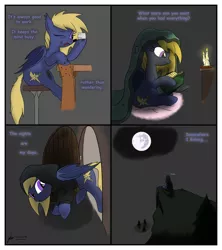 Size: 1920x2160 | Tagged: safe, artist:thedrizzle404, derpibooru import, oc, oc:sparky, unofficial characters only, bat pony, pony, bat pony oc, bat wings, blanket, book, candle, cliff, clothes, comic, commission, dirty, ear tufts, eeee, fallout equestria: crossroads, female, floppy ears, frown, gray background, hoodie, hoof hold, looking back, mare, mare in the moon, moon, mouth hold, nose wrinkle, one eye closed, partial background, raised hoof, raised leg, reading, simple background, sitting, smiling, smirk, sneaking, stool, table, tree, wings