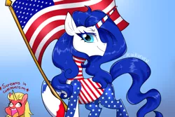 Size: 3000x2000 | Tagged: safe, artist:kaikururu, derpibooru import, oc, oc:commie, oc:freedom, unofficial characters only, pony, unicorn, 4th of july, american flag, communism, descriptive noise, female, flag, gradient background, holiday, mare, screaming, smiling, yelling