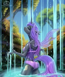 Size: 1024x1215 | Tagged: anthro, anthro oc, artist:ladychimaera, breasts, changeling, changeling oc, derpibooru import, eyes closed, female, mare, oc, oc:viciz, purple changeling, solo, solo female, suggestive, unguligrade anthro, unofficial characters only, water, waterfall