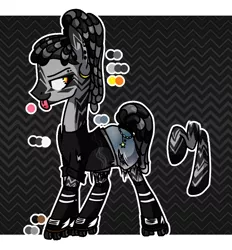 Size: 848x913 | Tagged: safe, artist:anyazen, derpibooru import, oc, oc:wylde rush, unofficial characters only, zebra, clothes, dreadlocks, ear piercing, earring, eyebrow piercing, female, jewelry, piercing, ponytail, quadrupedal, raised hoof, reference sheet, roller skates, rollerblades, shirt, shorts, socks, solo, t-shirt, tongue out, tongue piercing, torn clothes, zebra oc