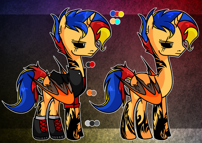 Size: 1410x1000 | Tagged: safe, artist:anyazen, derpibooru import, oc, oc:dark-sun guard, unofficial characters only, alicorn, demon, demon pony, original species, pony, alicorn oc, boots, clothes, colored sclera, ear piercing, earring, eye scar, eyebrow piercing, horn, jacket, jewelry, leather jacket, male, multicolored hair, nose piercing, offspring, parent:flash sentry, parent:sunset shimmer, parents:flashimmer, piercing, reference sheet, scar, shirt, shoes, socks, solo, stallion, t-shirt, tattoo, wings