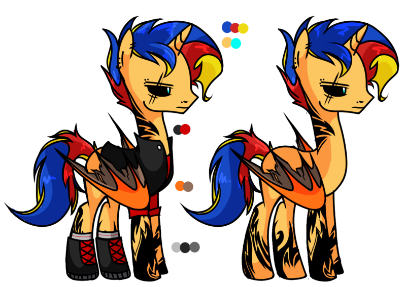 Size: 1410x1000 | Tagged: safe, alternate version, artist:anyazen, derpibooru import, oc, oc:dark-sun guard, unofficial characters only, alicorn, demon, demon pony, original species, pony, alicorn oc, boots, clothes, colored sclera, ear piercing, earring, eye scar, eyebrow piercing, horn, jacket, jewelry, leather jacket, male, multicolored hair, nose piercing, offspring, parent:flash sentry, parent:sunset shimmer, parents:flashimmer, piercing, scar, shirt, shoes, simple background, socks, solo, stallion, t-shirt, tattoo, transparent background, wings