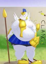 Size: 2500x3500 | Tagged: suggestive, artist:lupin quill, derpibooru import, discord, anthro, pegasus, pony, unguligrade anthro, armor, belly, belly button, bhm, big belly, blushing, boxers, breastplate, chubby cheeks, clothes, double chin, embarrassed, embarrassed nude exposure, erect nipples, expansion, fat, finger snap, helmet, humiliation, implied discord, jiggle, magic, male, moobs, morbidly obese, nipples, nudity, obese, offscreen character, onomatopoeia, partial nudity, prank, public humiliation, royal guard, solo, solo male, spear, spread wings, thighs, thunder thighs, underwear, wardrobe malfunction, weapon, weight gain, wingboner, wings